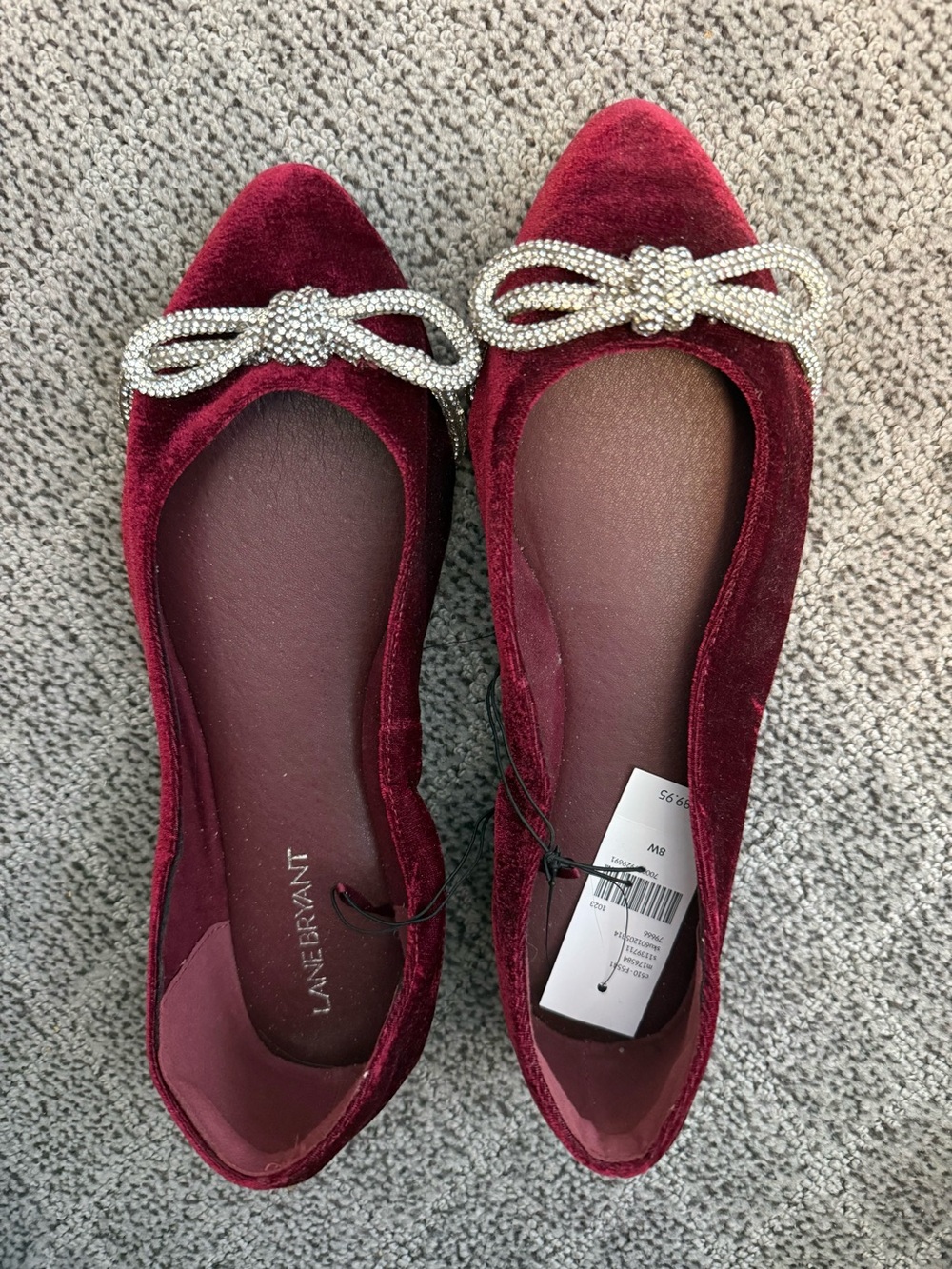 Lane Bryant Wine Velvet Pointed Flats with Crystal Bow 8w
